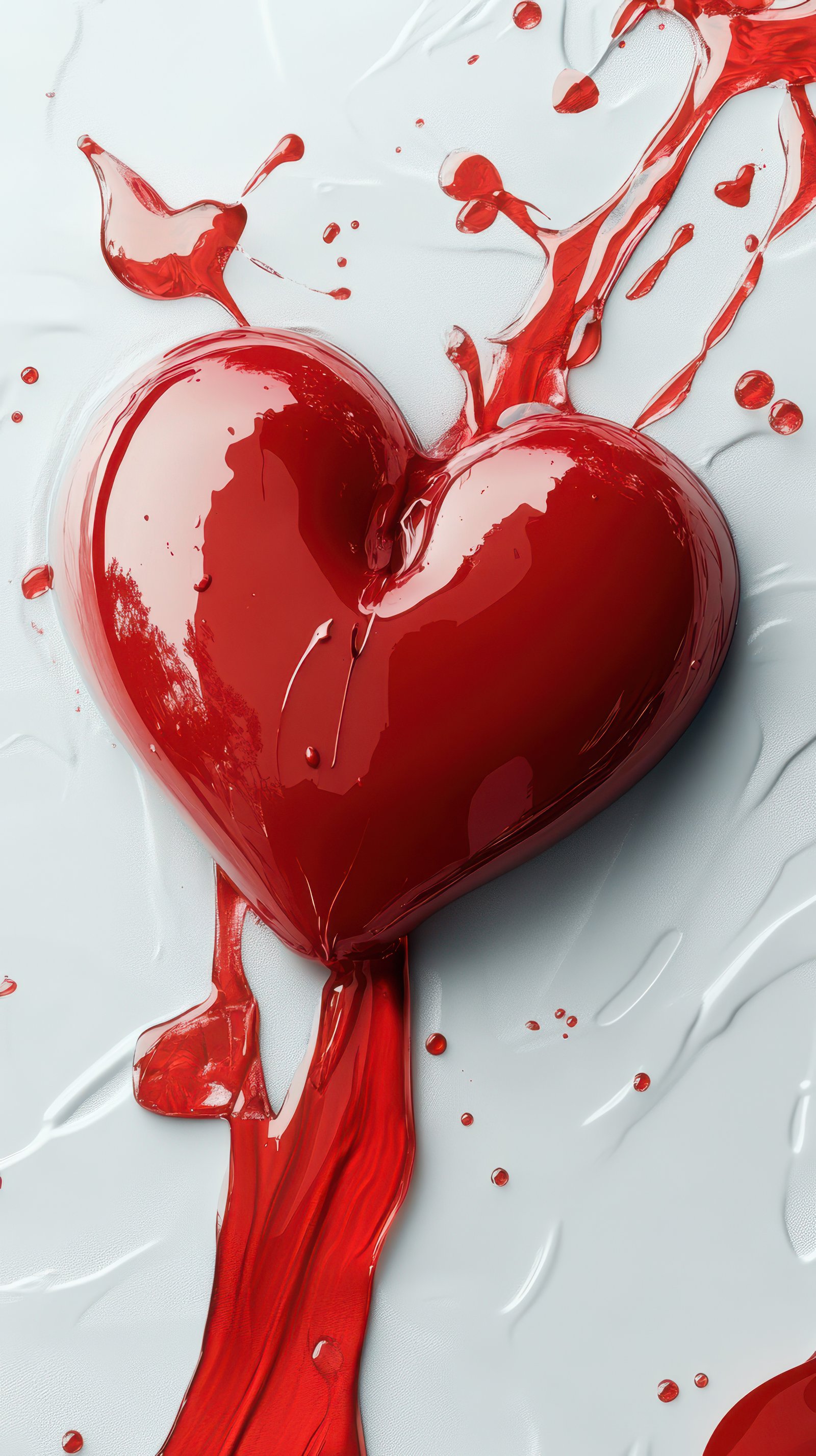 Red heart with vibrant splashes of color on a white surface in an artistic composition